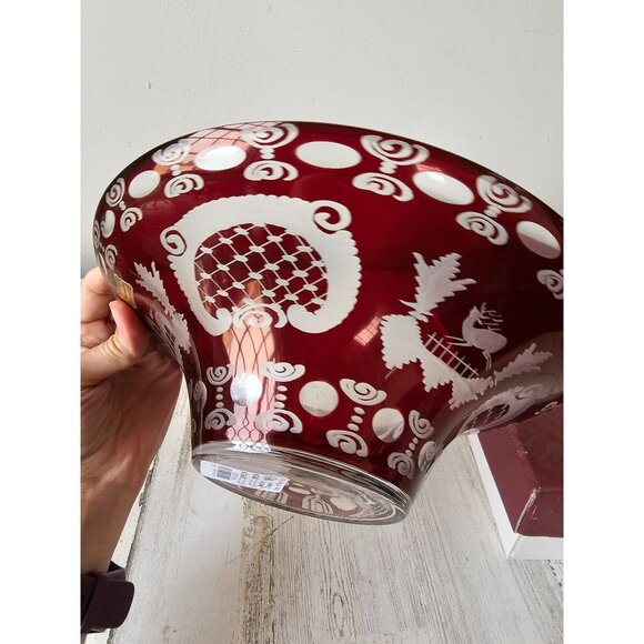 Egermann flair bowl Ruby red cut Bohemian glass deer scene building new - Picture 5 of 9
